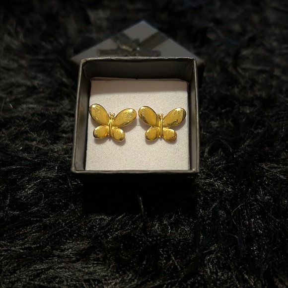 Gold butterfly earrings. Bright and fun. Roughly 0.5x0.5 inches. Good condition. - Picture 2 of 3